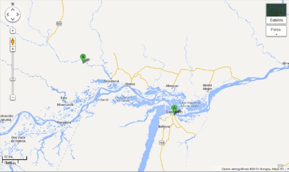 Posição no mapa do Pará de Porto Trombetas até Santarém
