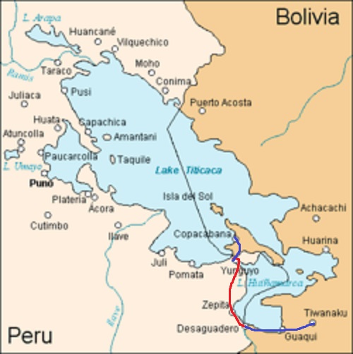 Trajeto de Tiwanaku até Copacabana - em azul na Bolívia e em vermelho no Perú